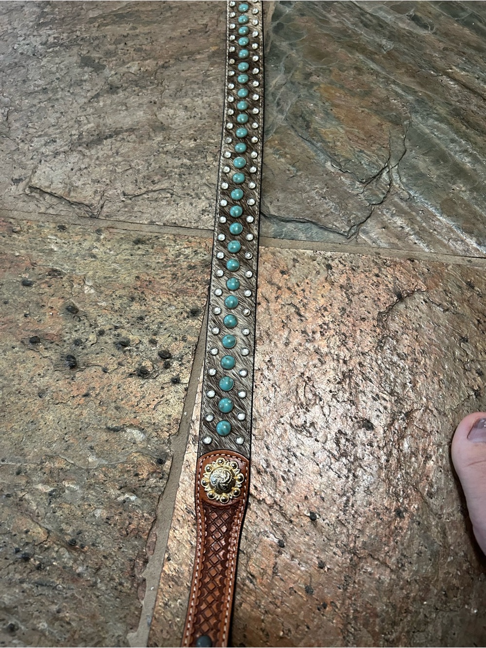 Decorative Brown Leather Belt with Turquoise & Rhinestone Accents, Size 32. - Picture 3 of 7